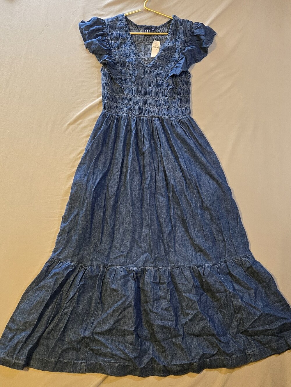GAP Denim-Style Blue Smocked Maxi Dress with Ruffled Shoulders Sz XS